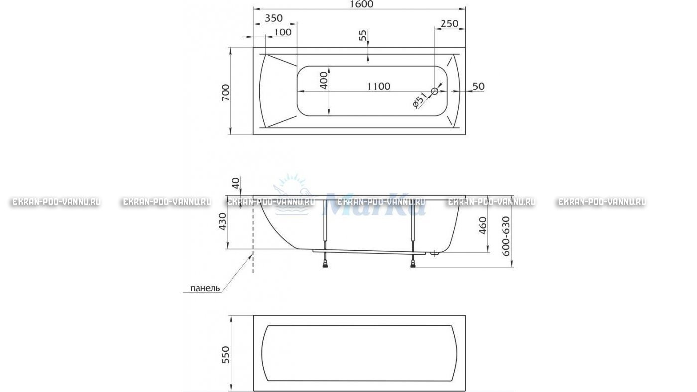 Акриловая ванна 1MarKa Modern 160x70 – купить по цене 9410 руб. в интернет-магазине в городе Санкт-Петербург картинка 16